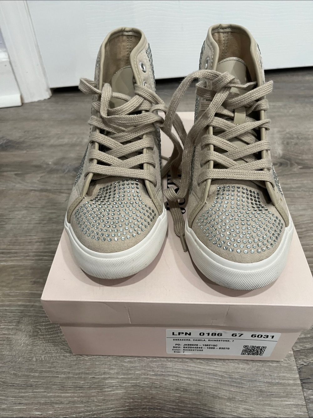 JustFab Beige Rhinestone High-Top Sneakers - Women